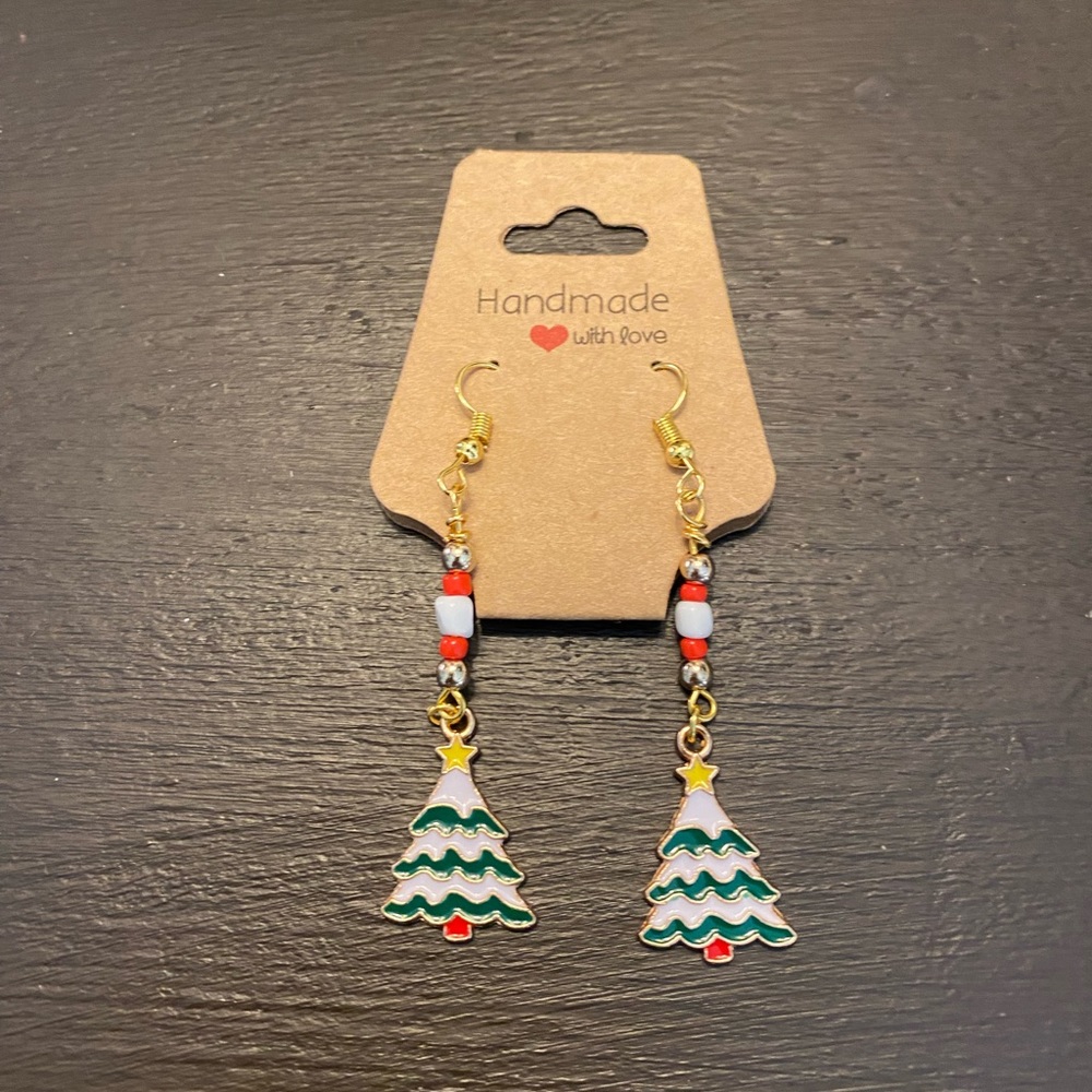 Christmas Tree earrings with gold accents, handmade, never worn, brand new